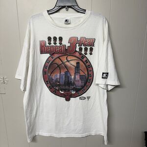VTG 98 STARTER CHICAGO BULLS REPEAT 3-PEAT NBA CHAMPIONS T-SHIRT USA  XL GUC*